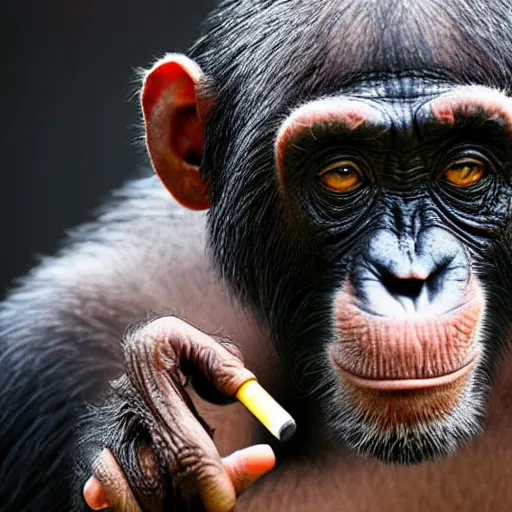 Image similar to a high detail shot of a chimp wearing a suit and smoking