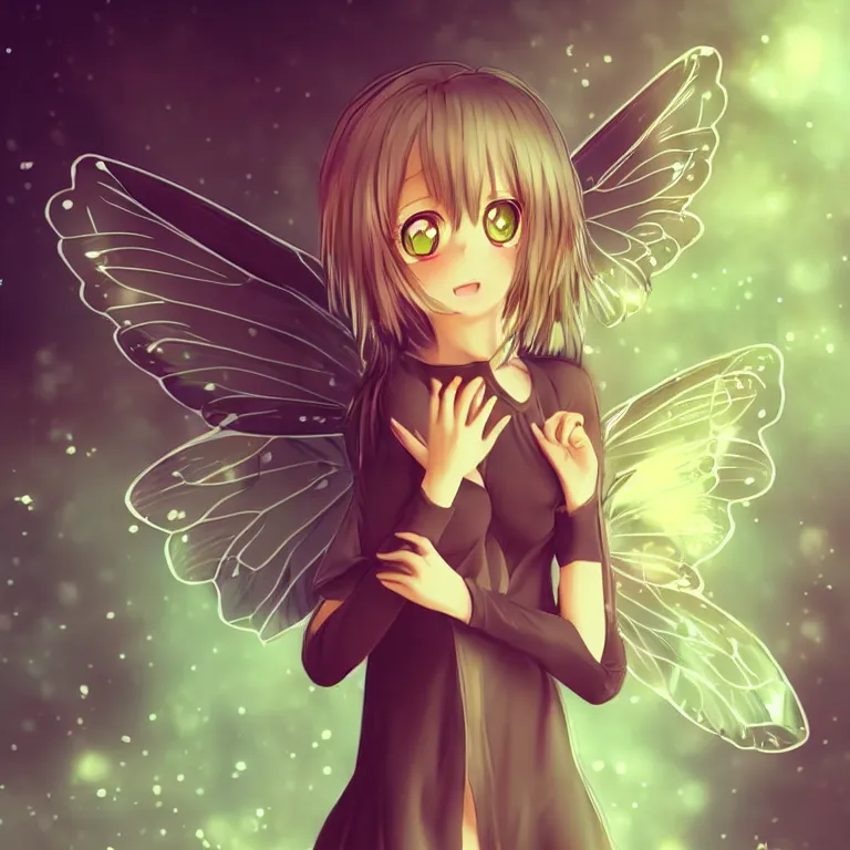 Image similar to cute, full body, female, anime style, a cat girl with fairy wings, large eyes, beautiful lighting, sharp focus, simple background, creative, heart effects, filters applied, illustration