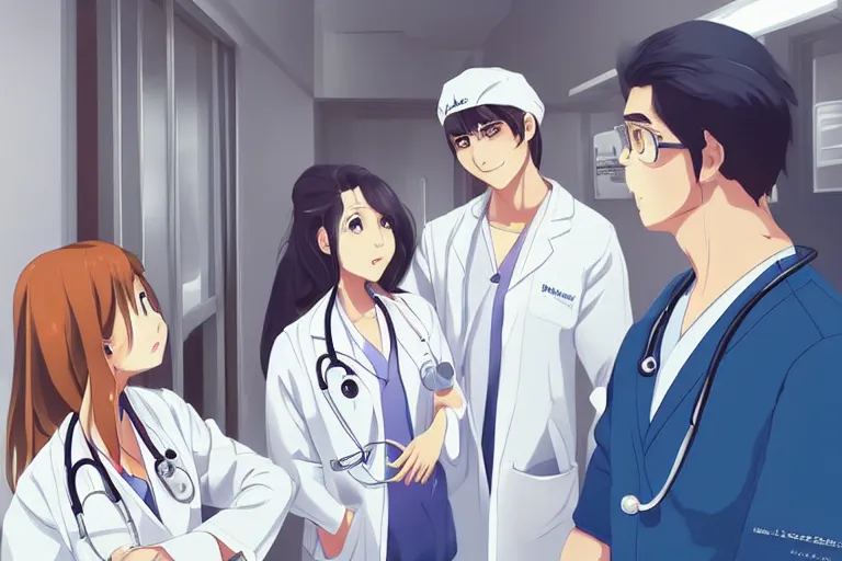 Image similar to a cute and beautiful young female doctor wearing white coat are talking with a handsome young man wearing white coat in a hospital ward, highly detailed, digital painting, slice of life anime, illustration, anime scenery by Makoto shinkai