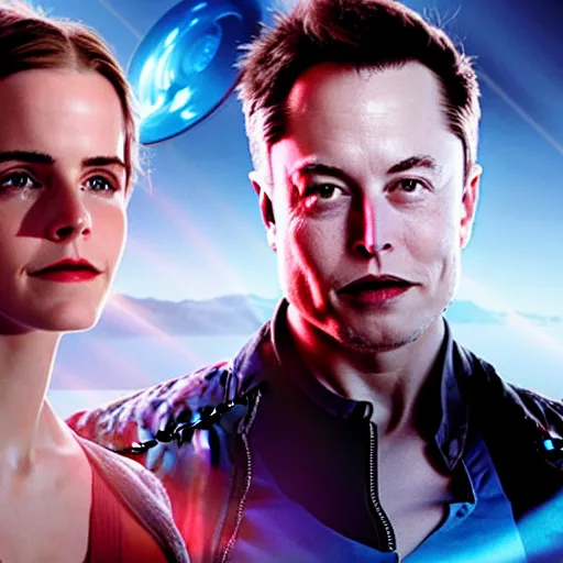 Image similar to elon musk and emma watson on epic sci fi movie poster 4k