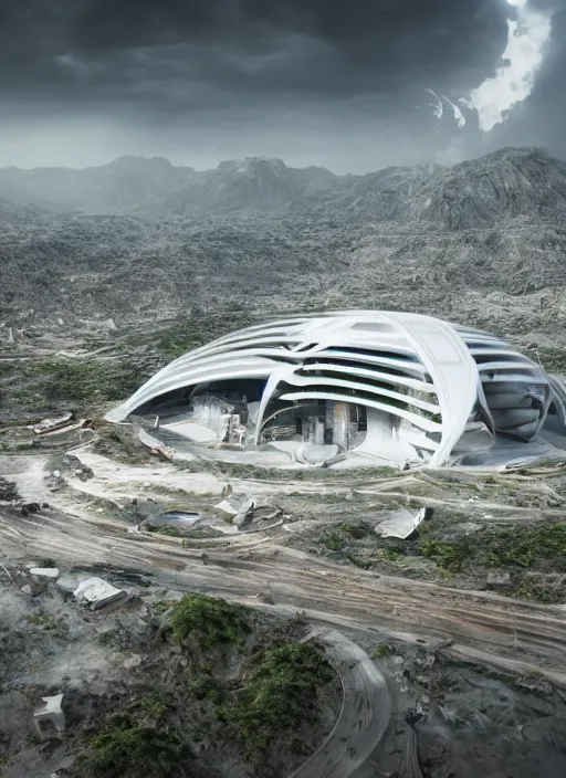 Prompt: bioremediation white mining tailing futuristic architecture in chuquicamata, epic, cinematic, hyperealistic, high detailed, corona render, hdr, ray tracing