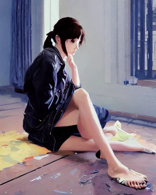 Image similar to A ultradetailed beautiful panting of a stylish girl sitting on the floor of a messy apartment, she is wearing an oversized jacket, Oil painting, by Ilya Kuvshinov, Greg Rutkowski and Makoto Shinkai