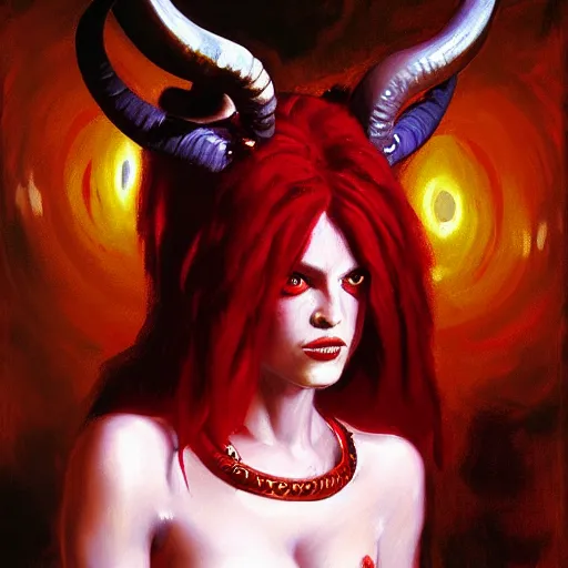 Image similar to painted portrait of a red - skinned intimidating demon girl with ram horns. oil painting, fantasy art by greg retkowski and john singer sargent, demon noble character design