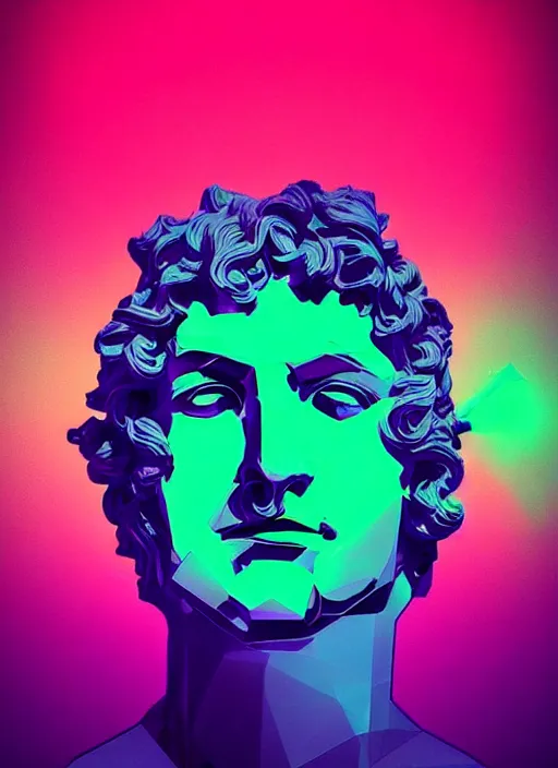 Image similar to bust of dionysus, beeple, vaporwave, retrowave, black background, neon wiring, black, glitch, strong contrast, cuts, pinterest, trending on artstation