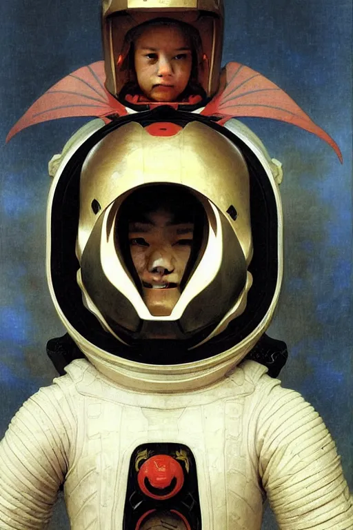 Image similar to portrait of a evil dragon astronaut with chinese dragon armor and helmet, majestic, solemn, by bouguereau