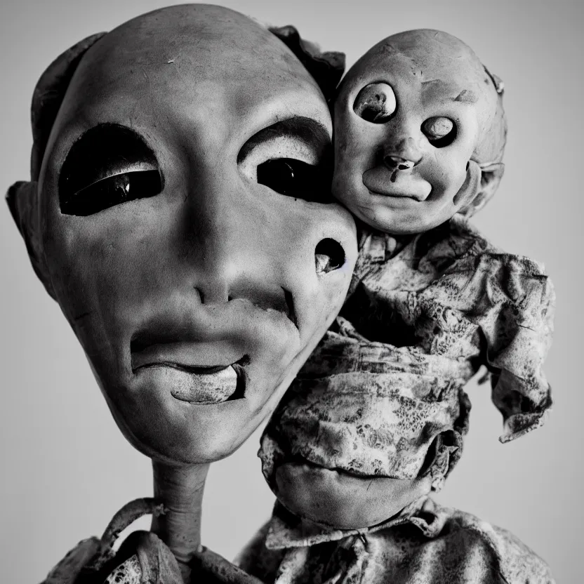 Image similar to creepy ventriloquist dummy in the style of roger ballen, 4 k, bw, portrait