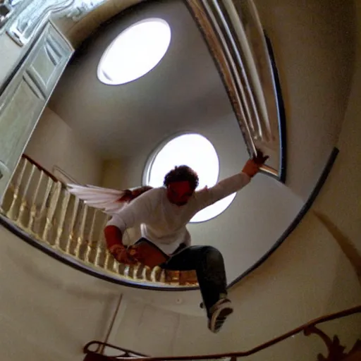 Image similar to a Biblically correct angel doing a kick flip down some stairs fish eye lens