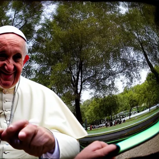 Image similar to fisheye lens image of the pope riding a skateboard