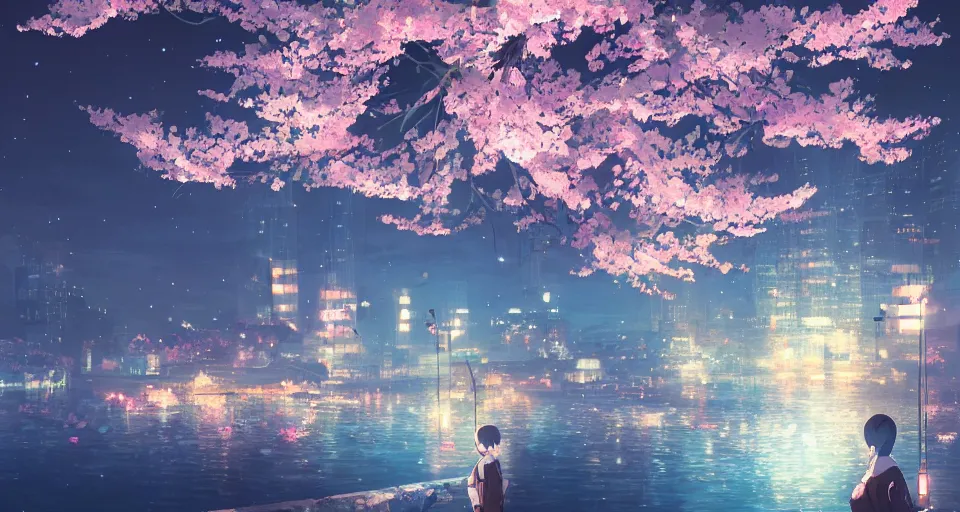 Image similar to Anime picture of night festive Montreux city with blooming sakura and candles on the lake, volumetric lighting, 4k, octane, digital painting, artstation, concept art, sharp focus, illustration, art by Makoto Shinkai and Ilya Kuvshinov