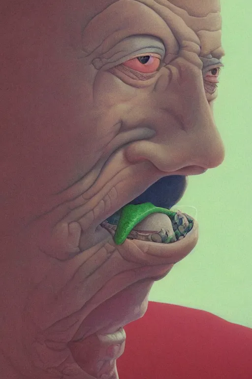 Prompt: a closeup portrait of an honest man licking a tab of LSD acid on his tongue and dreaming psychedelic hallucinations, by kawase hasui, moebius, Edward Hopper and James Gilleard, Zdzislaw Beksinski, Steven Outram colorful flat surreal design, hd, 8k, artstation