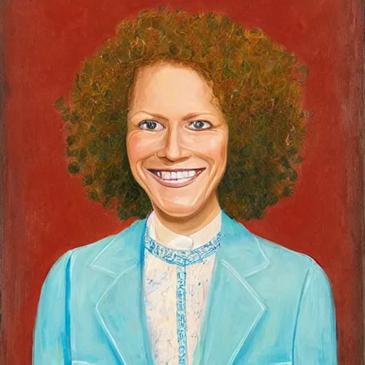 Prompt: the official presidential portrait of ginger head woman, fair skin, smiley, long curly hair, blue blouse, hyper realistic, detailed face