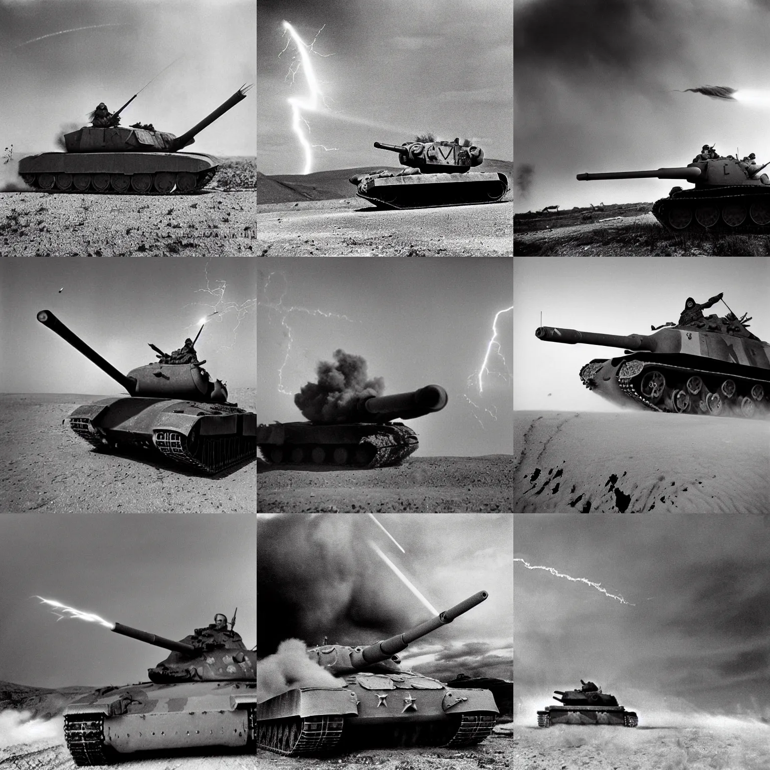 Prompt: 3 2 mm world war 2 photograph of gandalf the grey wizard shooting lightning at a panzer tank leaving a dust trail across north african terrain, documentary photography, award winning.