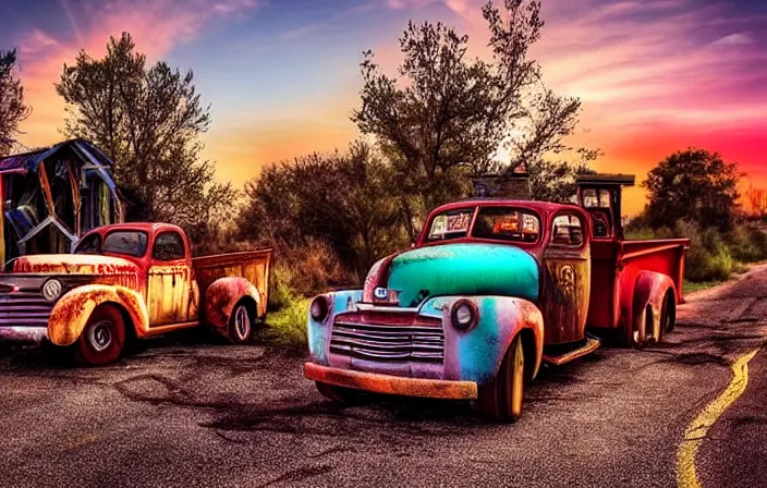 Image similar to A beautiful colorful evening scene of route66, old road with abandoned gas station and rusty old pickup truck, hyper realistic, blinding backlight evening sun, sparkling sun rays, epic scene, intense setting, evening vibe