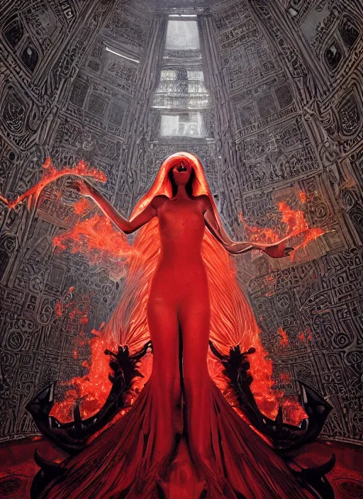 Prompt: flaming nether underworld throne room, anthropomorphic devil woman wearing a plether bubble couture red and black stretched plether day dress, paper demons, many origami flames, ethereal, fantasy, nether, Lawrence Alma-Tadema, James Jean, oozium, peter morbacher, angelarium, alchemy, luxury, heavenly light, Soft illumination, Trending on artstation, Cinematic Lighting, very detailed, 3D, octane render, artgerm