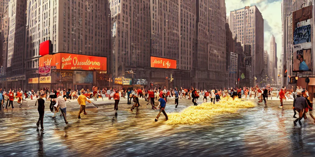 Prompt: a photograph of a sea of baked beans flowing like a river along the center of a new york street, a large panicking crowd are running towards the camera, by Claes Oldenburg, Tilt shift, pop art, 3D render, Volumetric dynamic lighting, Highly Detailed, Cinematic Lighting, Unreal Engine, 8k, HD