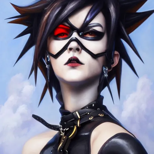 Image similar to oil painting of goth tracer overwatch in a field wearing very large black leather belt choker collar around neck, in style of mark arian, expressive face, very detailed face, very detailed eyes, full body, feminine face, detailed makeup on eyes, tracer overwatch,