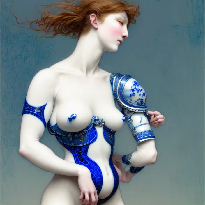 Prompt: porcelain cyborg, Chinese Blue and white porcelain 14th century, diffuse lighting, fantasy, intricate, elegant, highly detailed, lifelike, photorealistic, digital painting, artstation, illustration, concept art, smooth, sharp focus, art by John Collier and Albert Aublet and Krenz Cushart and Artem Demura and Alphonse Mucha