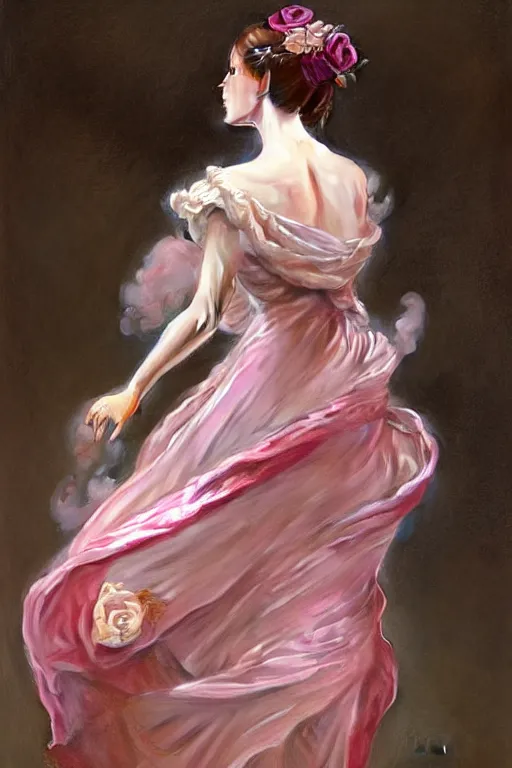 Image similar to woman dressed in a vaporous wrapped large victorian pink roses silk semi-transparent dress fashion is running, D&D, fantasy, intricate, elegant, highly detailed, digital painting, artstation, concept art, matte, sharp focus, illustration, art by Artgerm and Greg Rutkowski and Alphonse Mucha