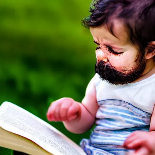 Prompt: baby with a beard crying reading a book