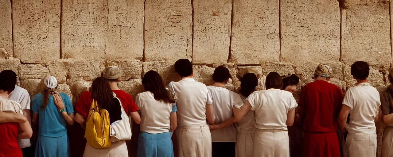 Image similar to jewish people praying with spaghetti at the wailing wall in israel, fine detail, canon 5 0 mm, in the style of diane arbus, in the style wes anderson, kodachrome, retro
