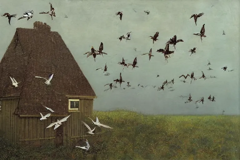 Image similar to a house with birds flying on too of it, insanely detailed, Michael Sowa