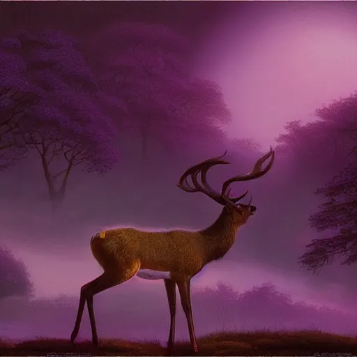 Prompt: a beautiful matte painting of screaming deer and fairy in colorful purple silk by Dean Ellis, award winning, atmospheric, epic and stunning, intricate details, sense of awe, anthropomorphic, featured on artstation