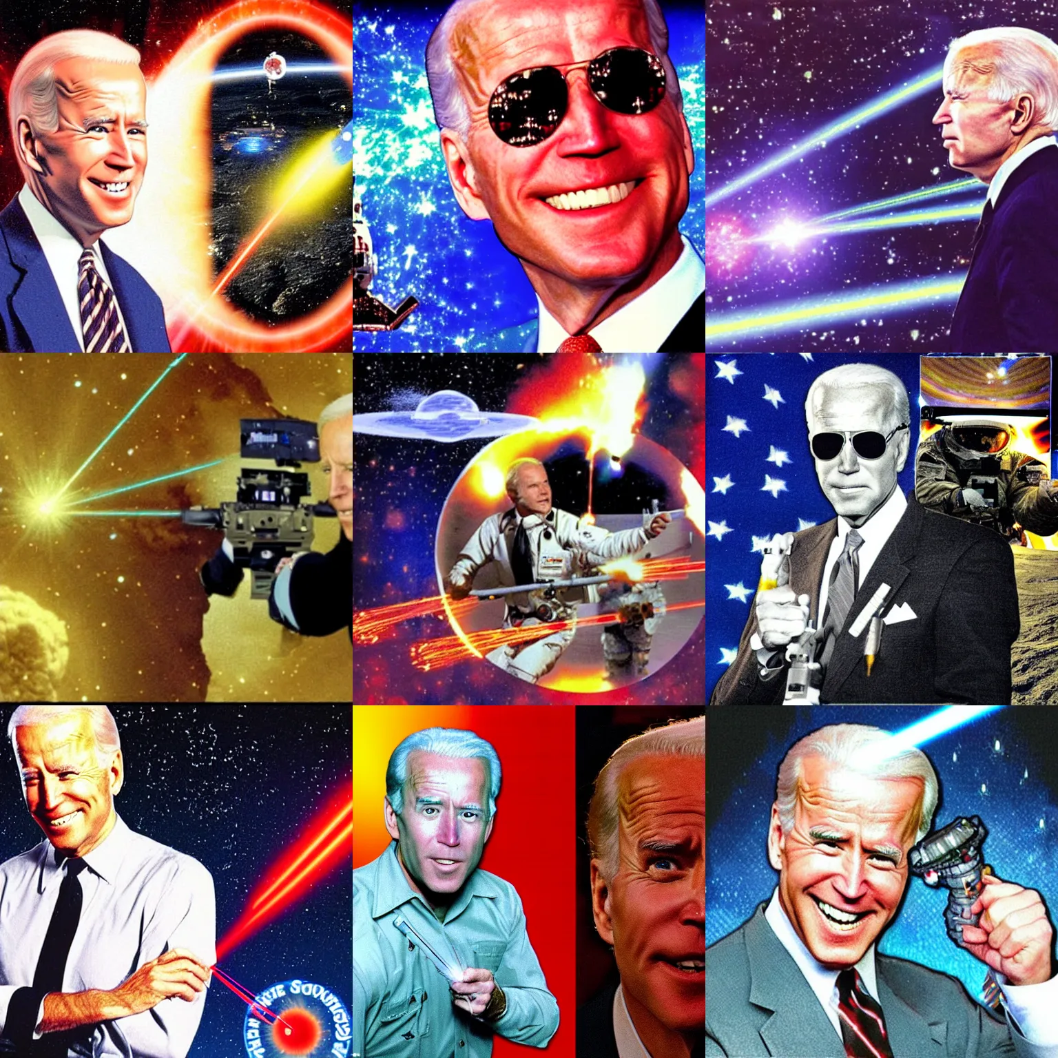 Prompt: a deep fried meme of Joe Biden shooting lasers into space 1996