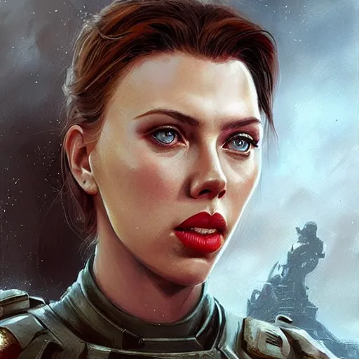 Image similar to doomguy played by scarlett johansson, face portrait, hd shot, digital portrait, elegant, beautiful, fantasy art, artstation, comic style, by artgerm, guy denning, jakub rozalski, magali villeneuve and charlie bowater