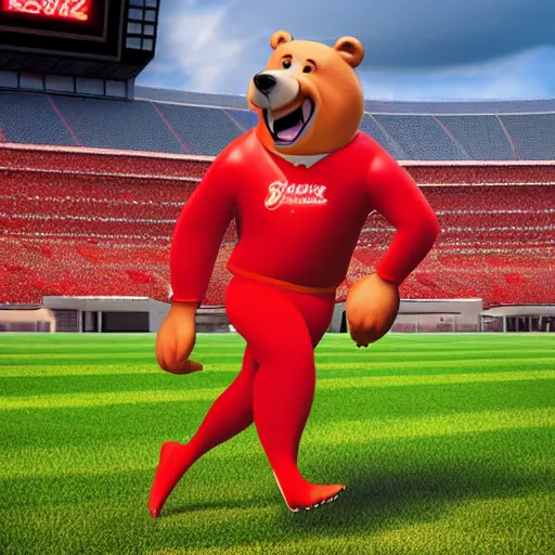 Prompt: A sportsman bear character running on a stadium. Red outfit. Digital art Pixar character