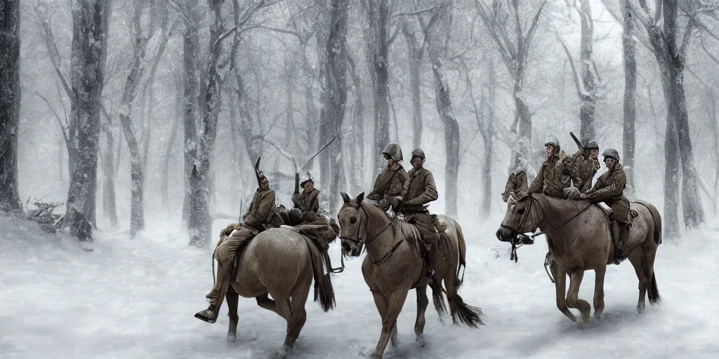 Prompt: a cinematic movie still render of ww 2 1 9 4 3 soldiers on horse back in a snowy forest of dead trees, snow covered ww 2 soldiers riding horses through a snow storm in a forest, octane render by greg rutkowski, digital render