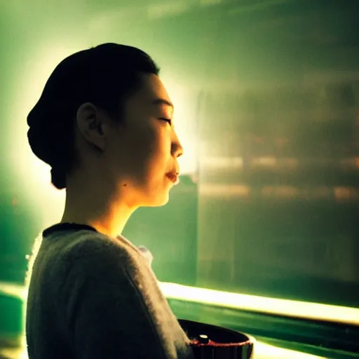 Image similar to girl smoking in a wong kar wai movie, cinematic light, atmospheric effects