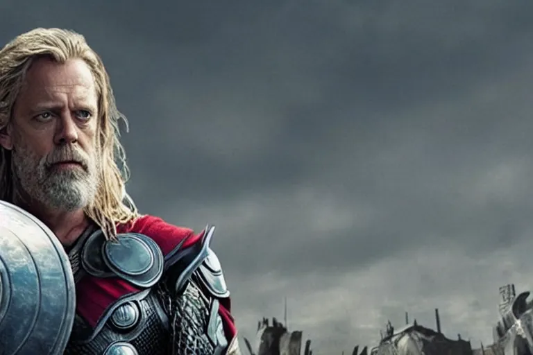 Image similar to promotional image of Hugh Laurie as Thor in the new Avengers movie, realistic, detailed face, movie still frame, promotional image, imax 70 mm footage