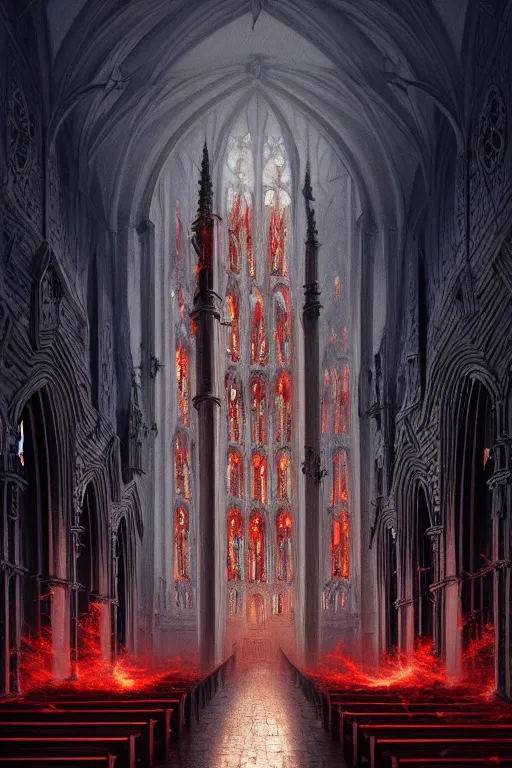 Image similar to a beautiful and terrifying painting with high details of a church made of white bones and skeletons, with white bones in the foreground, red energetic flame burningmovie atmosphere, movie lights, 8 k, light effect, rtx on, trending on artstation, by kilian eng, lee madgwick, bastien lecouffe - deharme