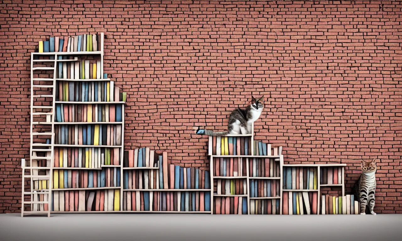 Prompt: bookshelf with a peckled cat, brick streets, nordic pastel colors, 3 d art, digital illustration, perfect lighting