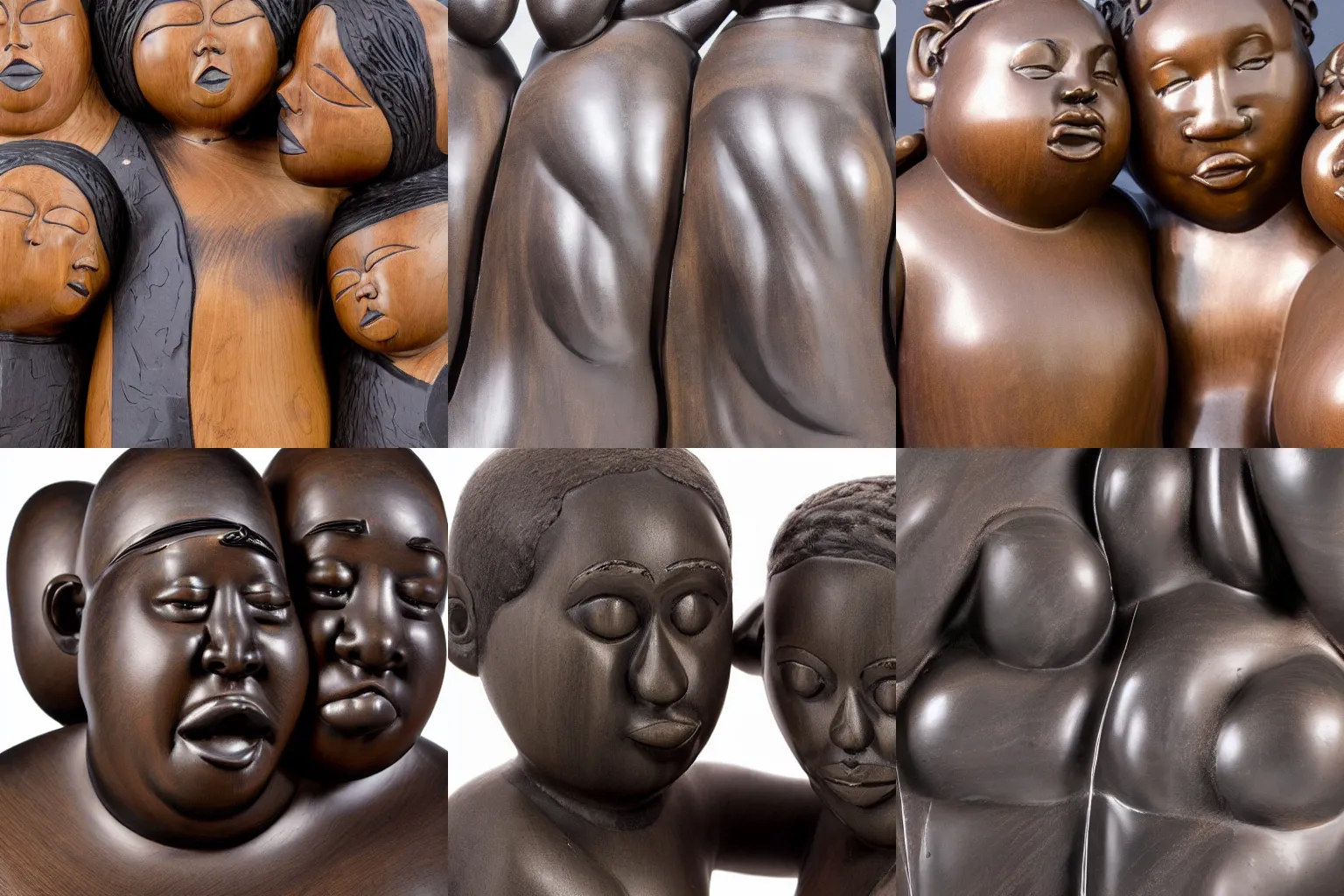 Prompt: detail of abstract ebony wood sculpture of three fat black people caressing