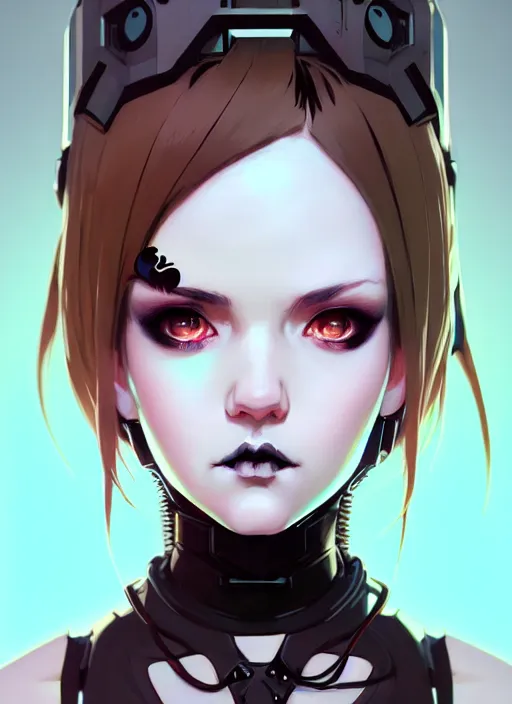 Image similar to portrait of cute goth maiden girl in cyber bikini armor, face by ilya kuvshinov, warhammer, cyberpunk, by atey ghailan, by greg rutkowski, by greg tocchini, by james gilleard, by joe fenton, by kaethe butcher, dynamic lighting, gradient light blue, brown, blonde cream and white color in scheme, grunge aesthetic