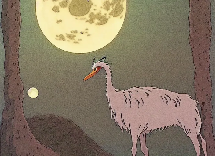 Prompt: a still from a studio ghibli movie of a cartoon ostrich from princess mononoke ( 1 9 9 7 ), in front of a pale full moon, full body, wide shot, very dull muted colors, studio ghibli, highly detailed, deviantart, art by artgem
