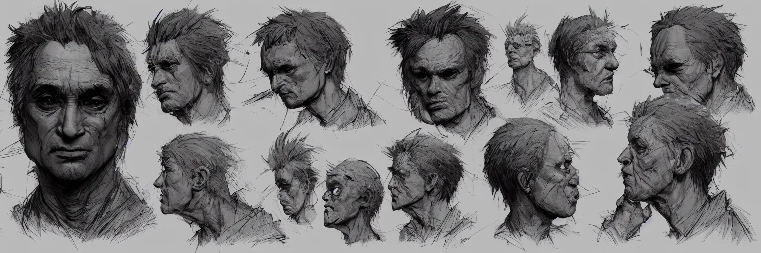 Prompt: character faces, realistic marc ribot face, clear marc ribot face, character sheet, fine details, concept design, contrast, kim jung gi, greg rutkowski and da vinci, trending on artstation, 8 k, emotional, face turnaround, front view, back view, side view, ultra wide angle