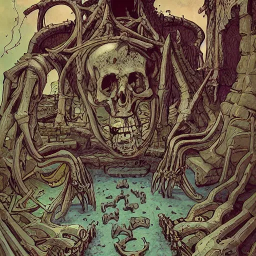 Prompt: precisely drawn illustration of a catacomb lined with bones, wide angle, sharp, fine details, french comic style, vibrant realistic colors, full color, heroic fantasy, intense line art, 8 k, precise linework, realistic, in the style of heavy metal comics and richard corben and moebius