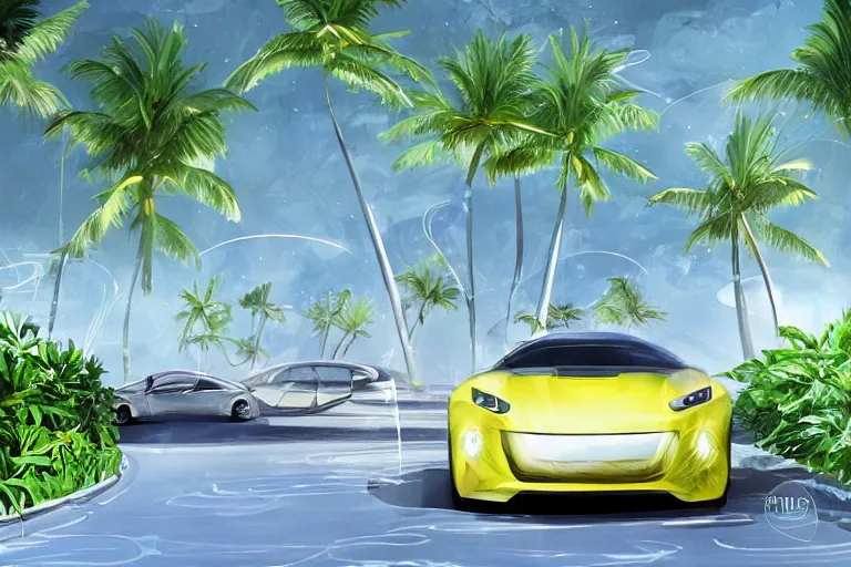 Prompt: modern chic luxurious sports car parked, with Singaporean lush garden with royal white luxurious gold colors, advanced civilization, high-end, at the Sea Of Stars of Vaadhoo Island Maldives, Bioluminescent sea plankton that shines bright blue during the night makes the sea area, glowing water, intricate, elegant, luxurious, digital painting, concept art, smooth, sharp focus, from Star Trek 2021, illustration, by WLOP and Ruan Jia and Mandy Jurgens and William-Adolphe Bouguereau, Artgerm