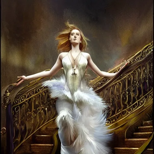 Image similar to hyperrealistic portrait of a woman as amber heard running down a staircase noir white swan dress wearing sapphire jewellery feather collar by jeremy mann and alphonse mucha, fantasy art, photo realistic, dynamic lighting, artstation, poster, volumetric lighting, very detailed faces, 4 k, award winning