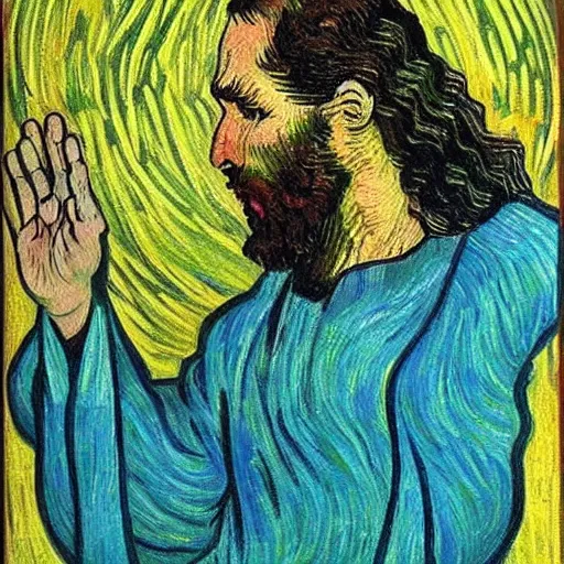 Image similar to jesus spreads his hands against the background of growing cannabis. an oil painting in the style of van gogh