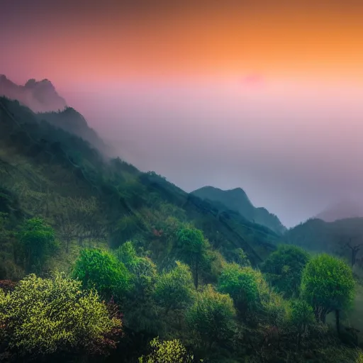 Prompt: chinese landscape of mountains in fog with sakura trees