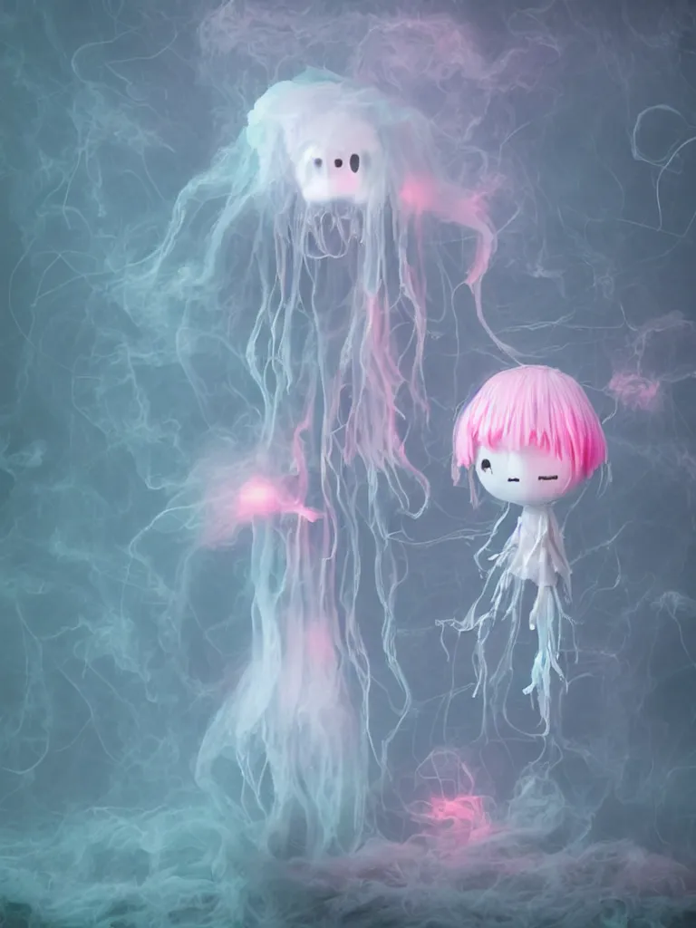 Prompt: cute fumo plush smiling ectoplasmic jellyfish ghost girl waving in deep fog over mysterious waters, patchwork doll chibi gothic maiden in tattered melting rags, glowing pink wisps of hazy green smoke and eerie blue volumetric fog swirling about, moonlight, glowing lens flare, black and white, vray