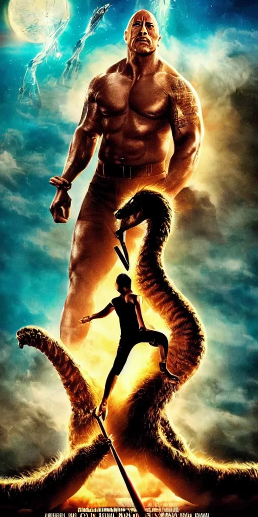 Image similar to movie poster of dwayne johnson with a baseball bat fighting king ghidorah outside a space station