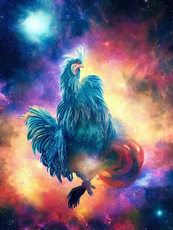 Prompt: a lone giant majestic rooster, centered, floating in space, center of the universe, \ galaxy cosmic nebula, epic, volumetric light, hyperrealistic, glitter, mega detailed, beautiful composition, beautiful lighting, unreal render, 4 k, vincent di fate, john berkey, michael whelan