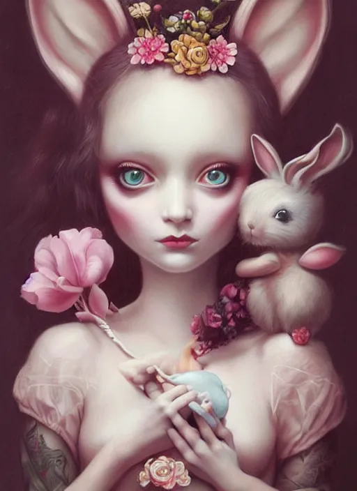 Image similar to pop surrealism, lowbrow art, realistic cute alice girl painting, holding bunny, hyper realism, muted colours, rococo, natalie shau, loreta lux, tom bagshaw, mark ryden, trevor brown style,