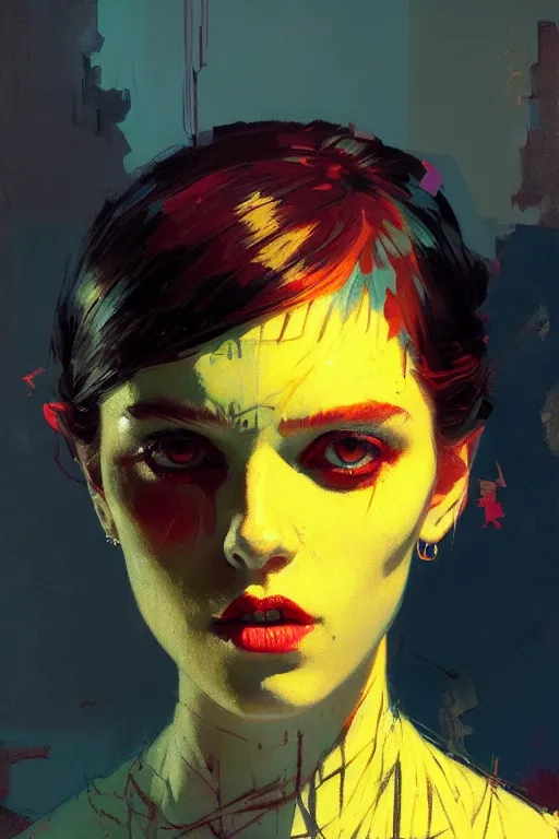 Image similar to portrait of a beautiful goth girl, complementary colors, beautiful face, rule of thirds, intricate outfit, spotlight, by greg rutkowski, by jeremy mann, by francoise nielly, by van gogh, digital painting