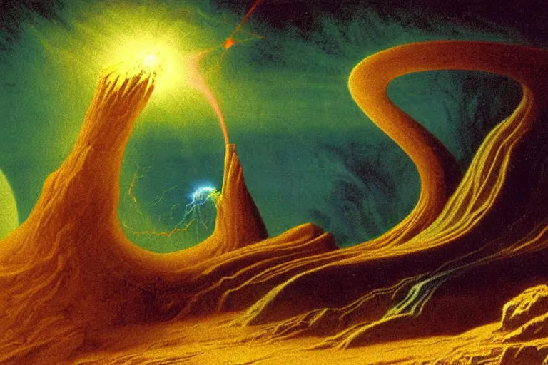 Image similar to mesozoic cosmic upheaval turmoil landscape in the style of dr. seuss, orbital laser bombardment, painting by albert bierstadt