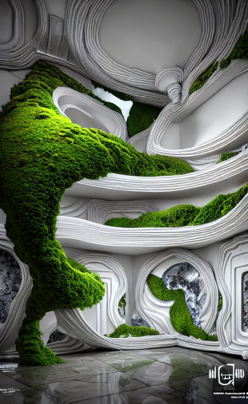 Image similar to highly detailed ultra sharp 3 d render villa interior cinematic composition of a smooth ceramic porcelain biomorphic magnolia stone nebula fluid fractal sci - fi surreal architecture landscape, granite, metallic, magnesium, marble, moss and lichen, vincent callebaut composition, mamou - mani, archviz, beautiful lighting, 8 k, unreal engine, hdr,